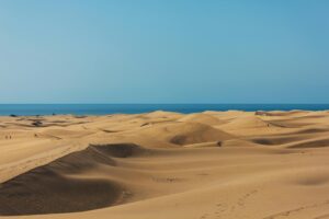 Viajes en grupo para gays 4 - Viajes en grupo para hombres gays - Vacaciones en grupo chicos LGTB A stunning view of vast sand dunes extending toward the ocean under a clear blue sky.
